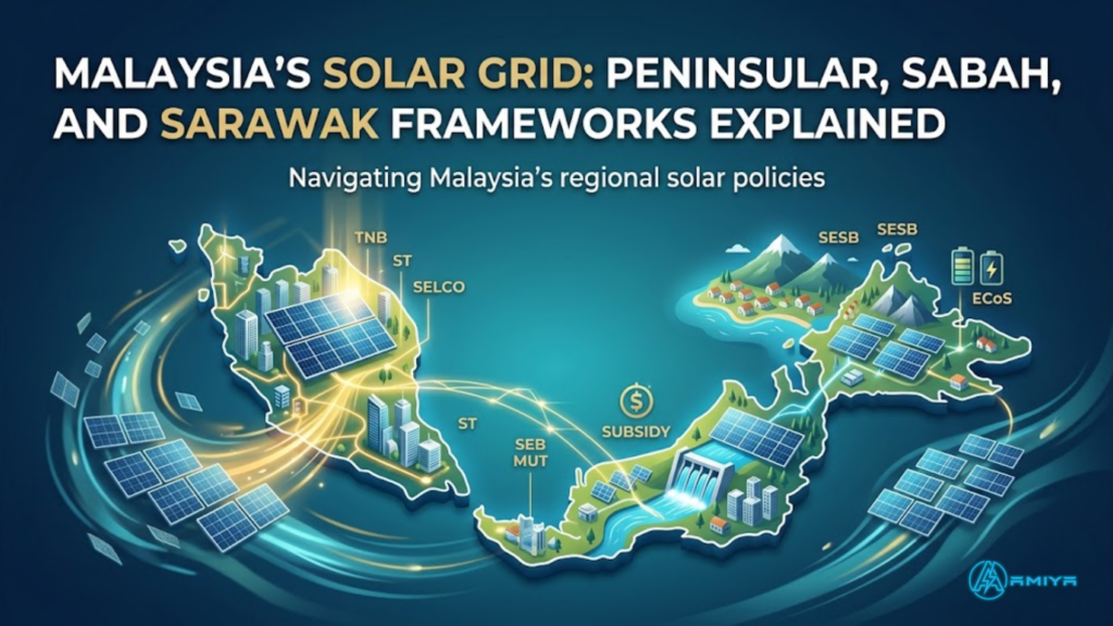 Interactive map of Malaysia solar grid showing Peninsular, Sabah, and Sarawak frameworks by Amiya Energy