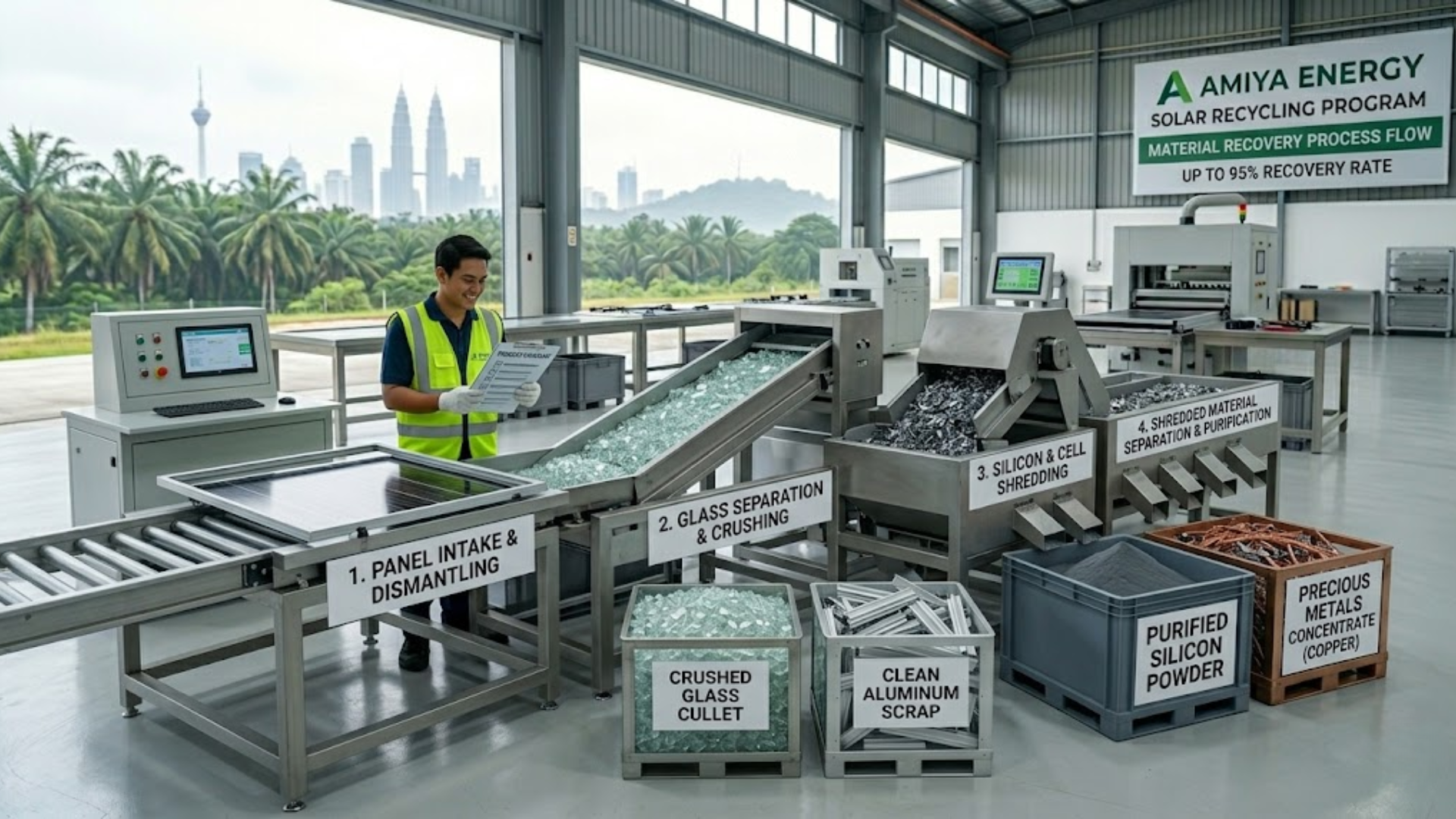 Certified Amiya Energy engineers safely dismantling old solar PV panels on a modern industrial workbench.