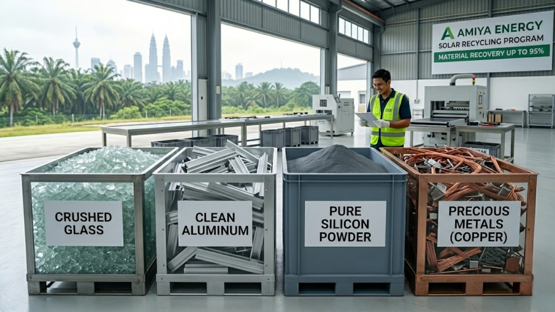 Industrial bins containing separated materials like crushed glass, clean aluminum, and pure silicon for up to 95% material recovery.