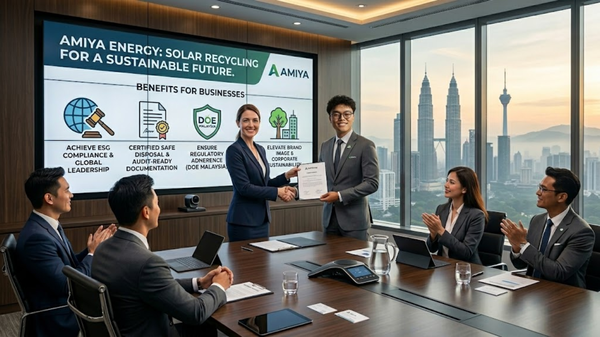 Corporate professionals shaking hands in a Kuala Lumpur office, representing strategic partnerships for ESG compliance through solar recycling.