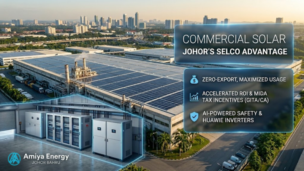 Commercial solar installation in Johor on a factory roof, featuring SELCO PV panels and Huawei inverters by Amiya Energy.