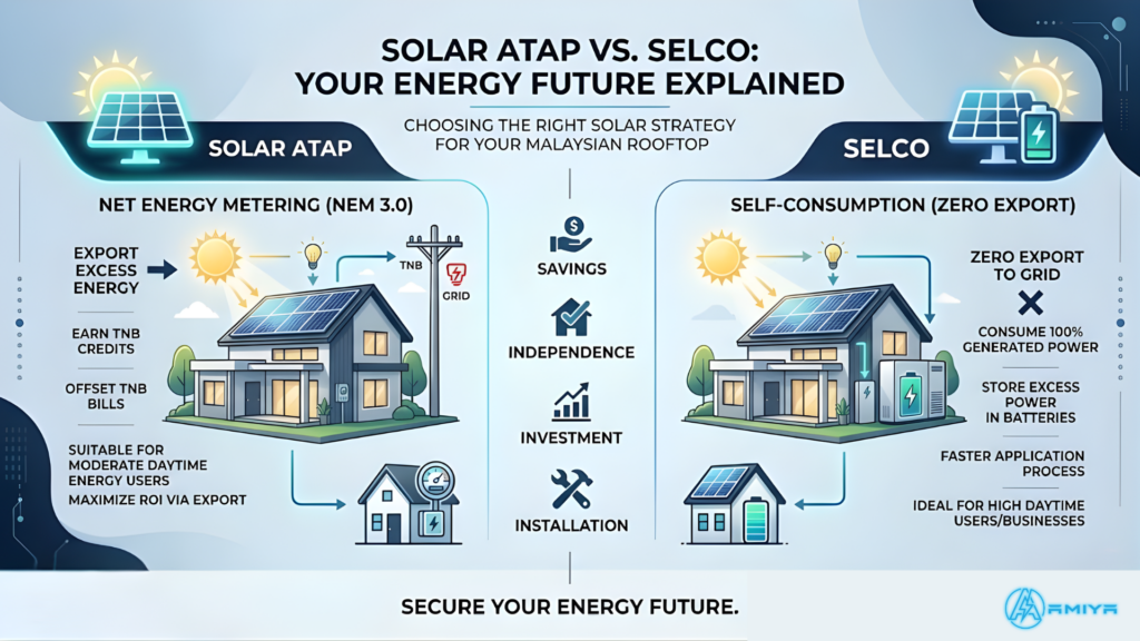 Infographic comparing Solar ATAP vs SELCO Malaysia energy schemes by Amiya Energy