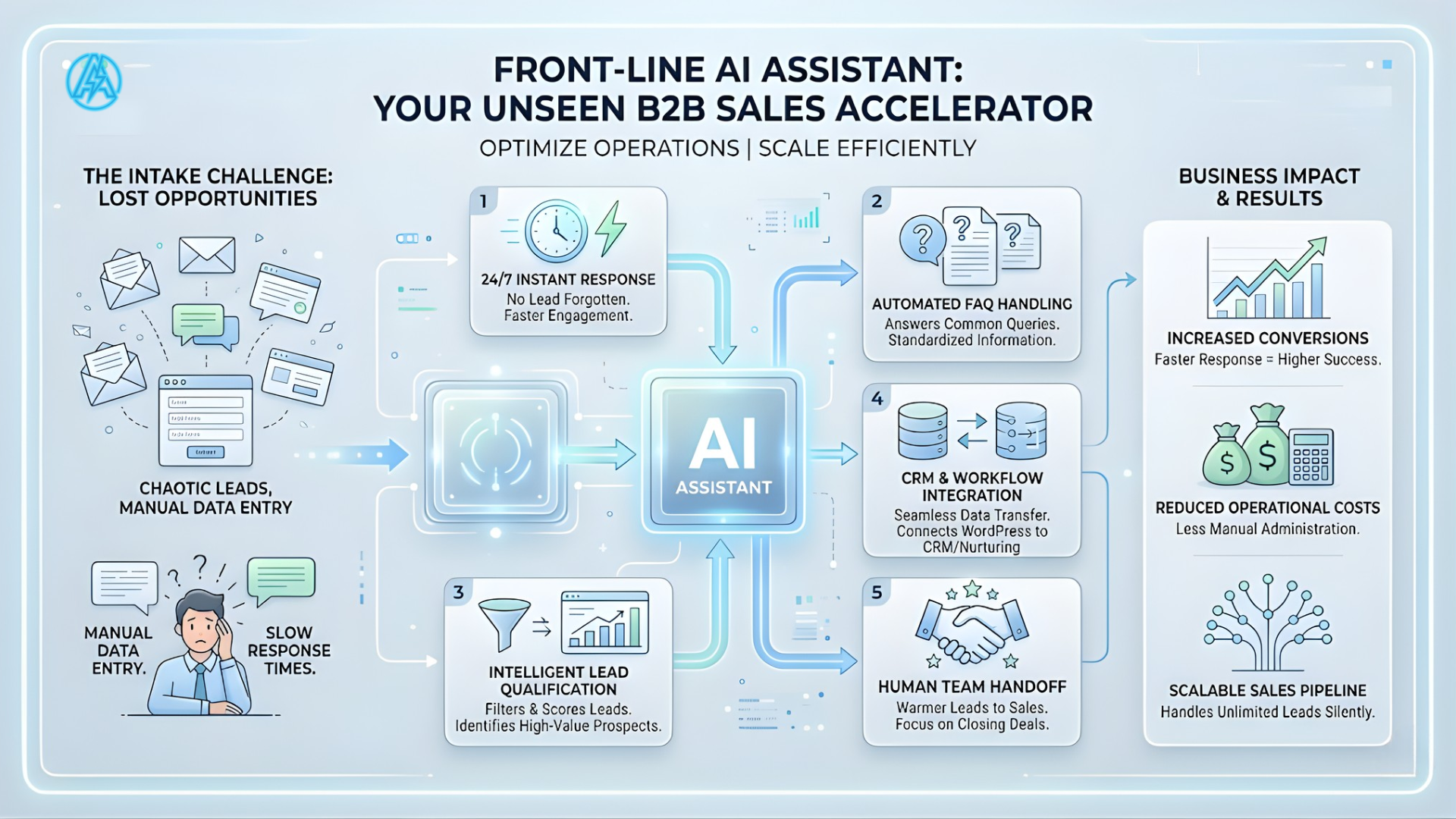 Diagram showing the anatomy of a clean, automated B2B lead pipeline using AI assistants.