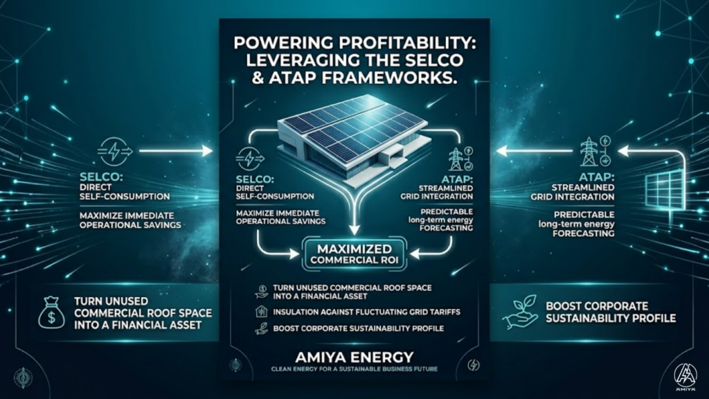 Amiya Energy infographic illustrating (Commercial SOlar Malaysia) how Malaysian businesses can maximize commercial solar ROI using the SELCO and ATAP frameworks.