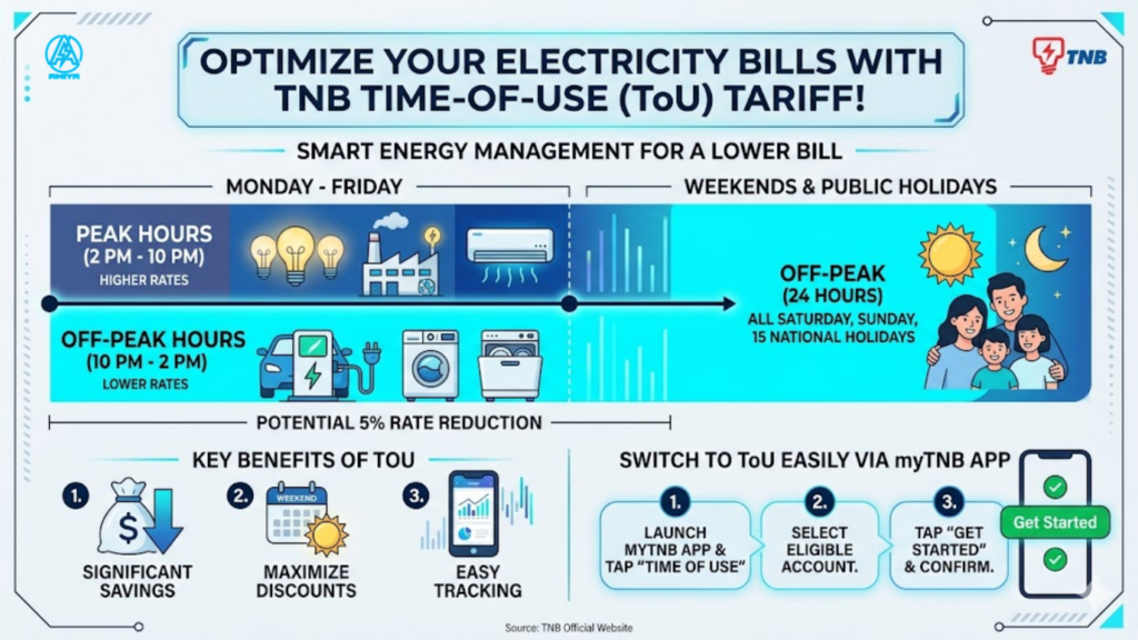 Infographic showing TNB Time of Use ToU peak and off peak hours, tariff rates, and how to switch via myTNB app.